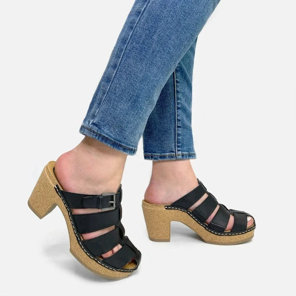 NIB Aetrex Cally 39 8.5 Black Leather Slip On Fisherman Heels Clog Sandals - Picture 3 of 12